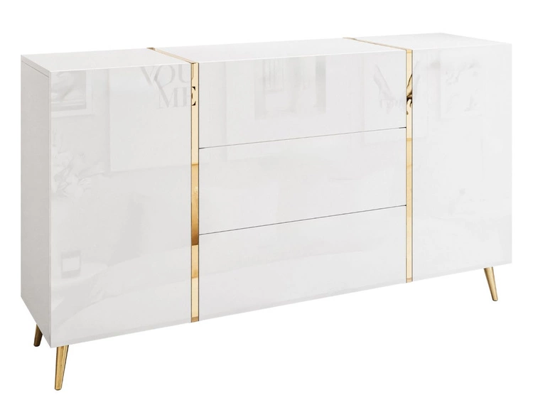 Dwudrzwiowa komoda 158 cm na złotych nóżkach z trzema szufladami Lunelie biały połysk