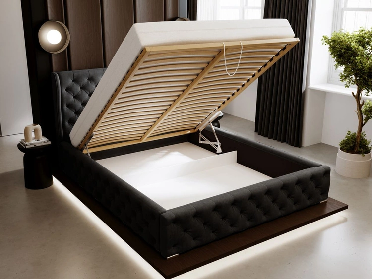 Łóżko tapicerowane z pojemnikiem na pościel i stelażem 120x200 Kingston Czarne