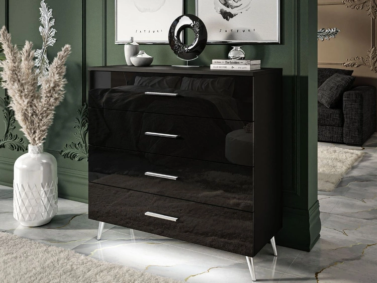 Komoda z czterema szufladami i oświetleniem LED na srebrnych nóżkach Nuveo Czarny połysk