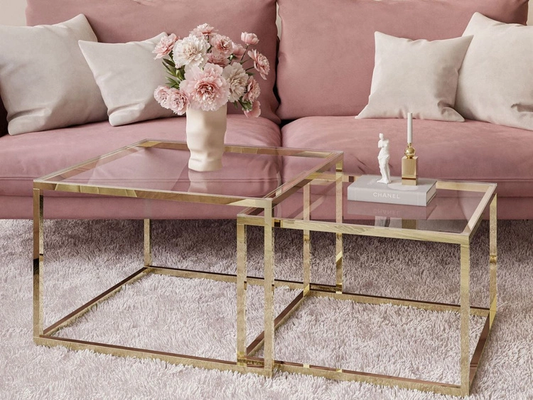 Stolik kawowy na złotym stelażu z przezroczystym blatem Asumi 35x41