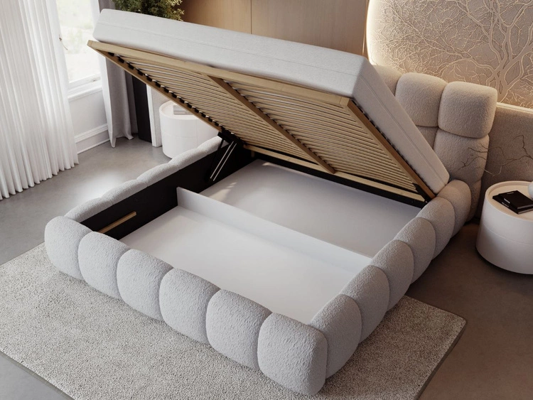 Łóżko tapicerowane z pojemnikiem na pościel i stelażem 160x200 Modo w tkaninie bouclé Szare