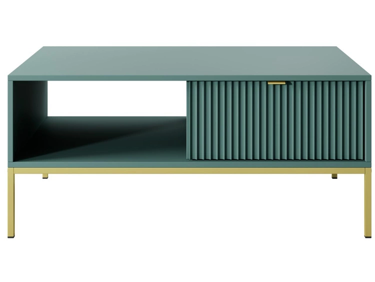 Stolik kawowy z szufladą Amber zielony na złotych nogach