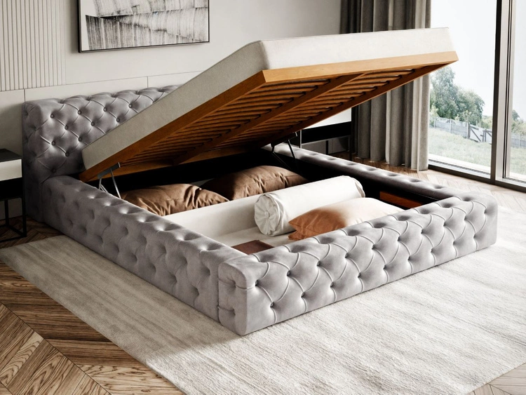 Łóżko tapicerowane z pojemnikiem i stelażem 120x200 cm Palini Szare