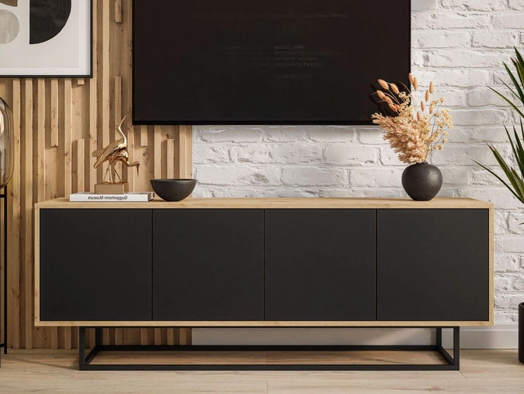 Szafka RTV pod telewizor z drzwiczkami i czarnym stelażem Vivance Czarny i dąb artisan