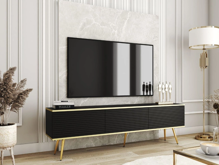 Szafka pod telewizor z drzwiczkami 175 cm z ryflowanym frontem Diolo Czarna na złotych nogach