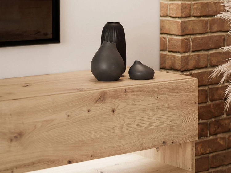 Szafka RTV 90 cm z oświetleniem LED i czarnymi metalowymi nóżkami Aurelie Dąb Artisan