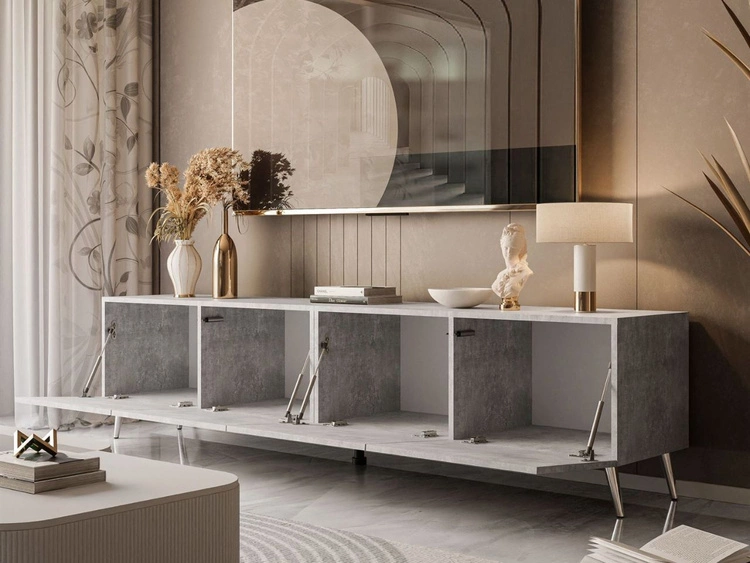 Szafka RTV pod telewizor z drzwiczkami na srebrnych nóżkach 200 cm Nodoo Beton