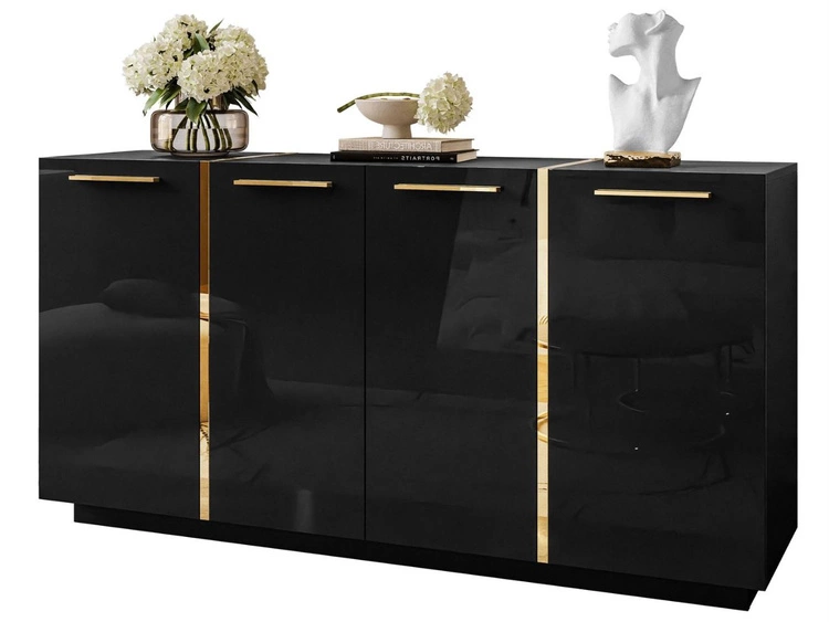 Czterodrzwiowa komoda 158 cm w stylu glamour ze złotymi uchwytami Lunelie czarny połysk