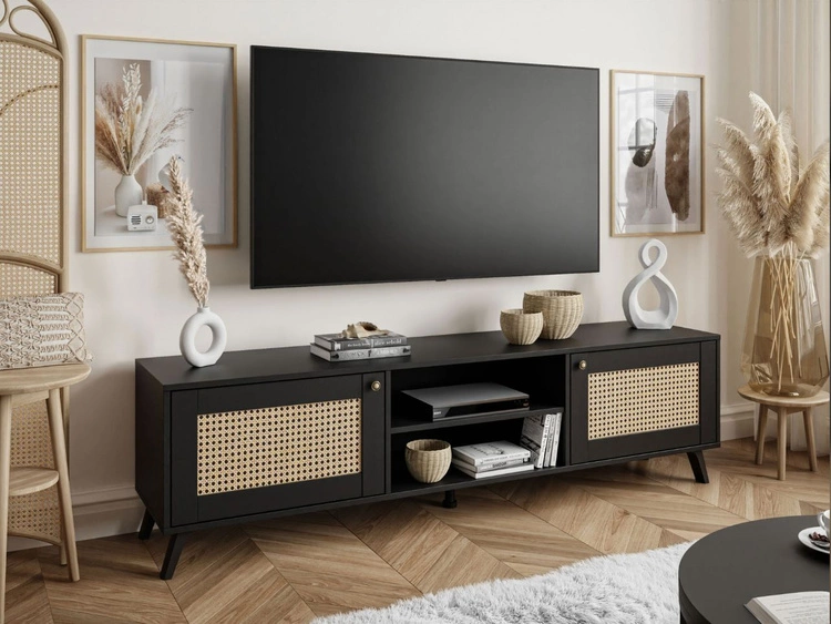 Szafka RTV boho dwudrzwiowa z imitacją ażurowego frontu Bellance czarna