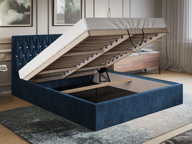 Łóżko tapicerowane z pojemnikiem i stelażem 160x200 Benny Ciemnoniebieskie