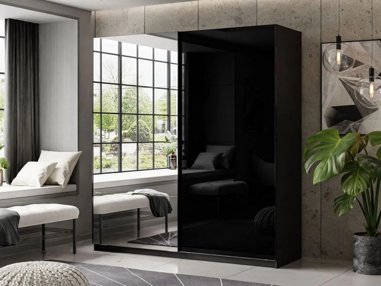 Szafa dwudrzwiowa z drzwiami przesuwnymi i lustrem 194 cm Nuveo Czarny połysk