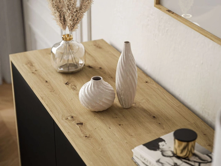 Trzydrzwiowa komoda 154 cm w stylu loft na białym stelażu Vivance czarny mat i dąb artisan