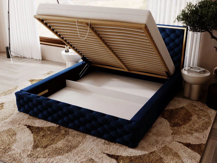 Łóżko tapicerowane z pojemnikiem i stelażem 140x200 Wave Granatowe