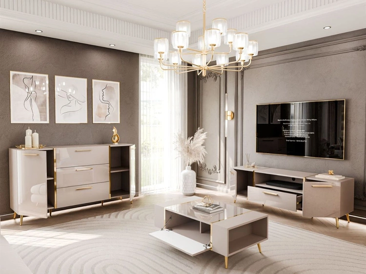 Zestaw mebli do salonu w stylu glamour na złotych nóżkach Lunelie Kaszmir