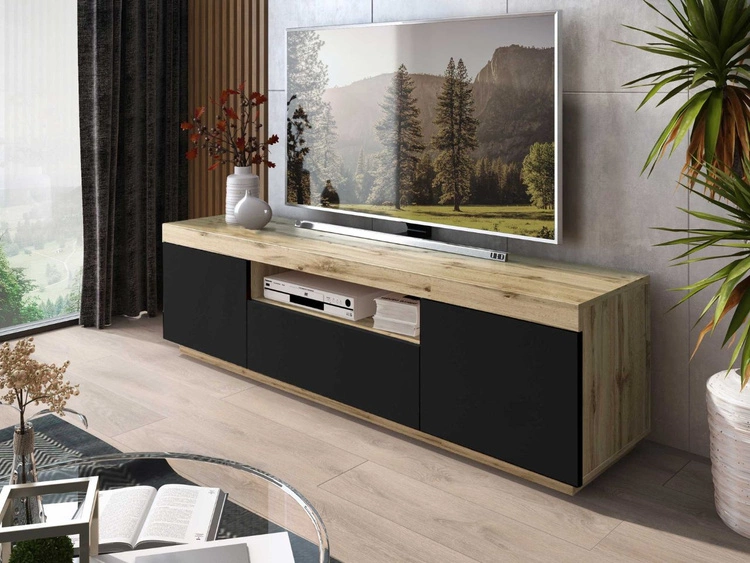 Zestaw mebli do salonu - szafka RTV i komoda Asumi Czarny i dąb wotan