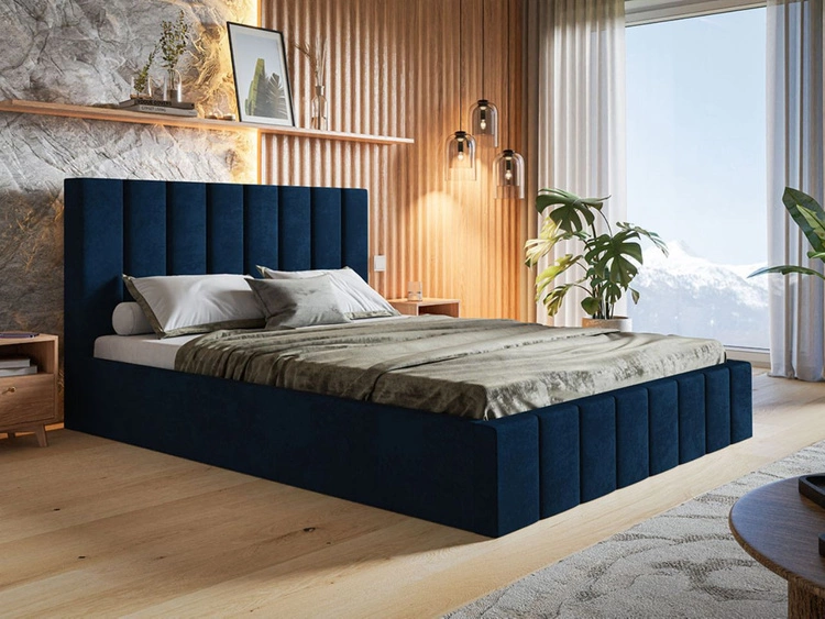Łóżko tapicerowane z pojemnikiem i stelażem Siena 140x200 granatowy