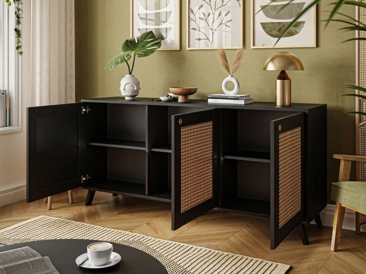 Komoda boho trzydrzwiowa z nadrukiem plecionki Bellance czarna