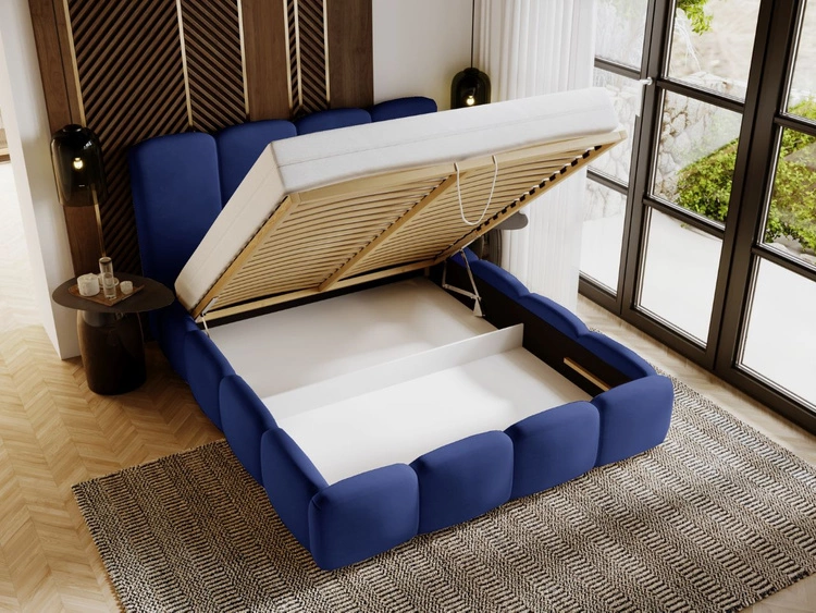 Łóżko tapicerowane z pojemnikiem i stelażem 180x200 Galli Niebieskie