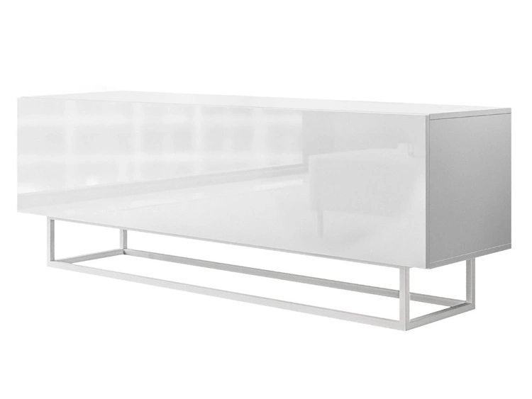Szafka RTV pod telewizor z drzwiczkami na białym stelażu 150 cm Nodoo Biały połysk
