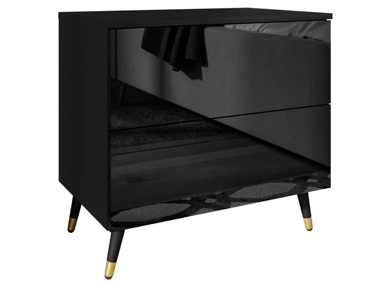 Stolik nocny z szufladami na czarno-złotych nogach Nuveo Czarny połysk