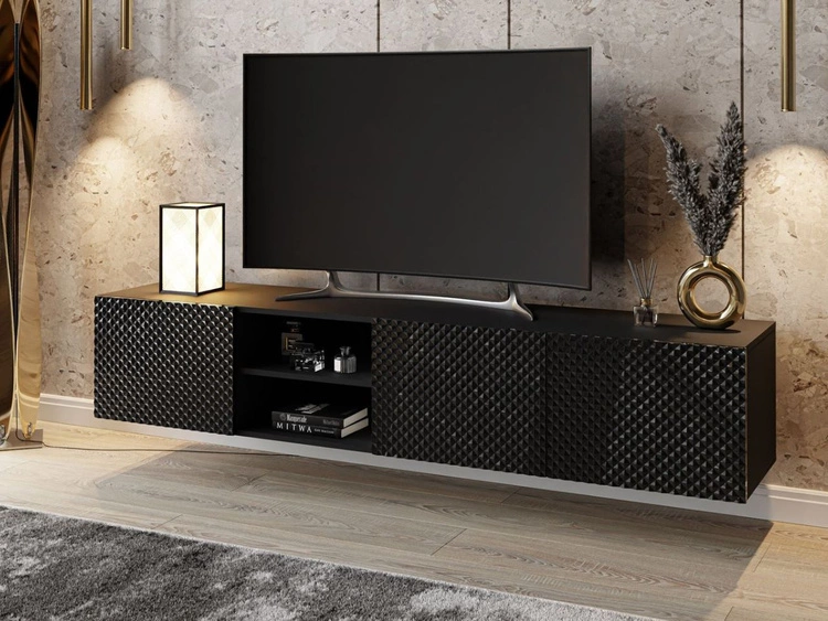 Szafka RTV wisząca z frezowanymi frontami 3D Celiane czarny połysk