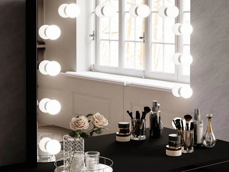 Toaletka glamour z szufladami, lustrem i oświetleniem LED Brisa czarny połysk