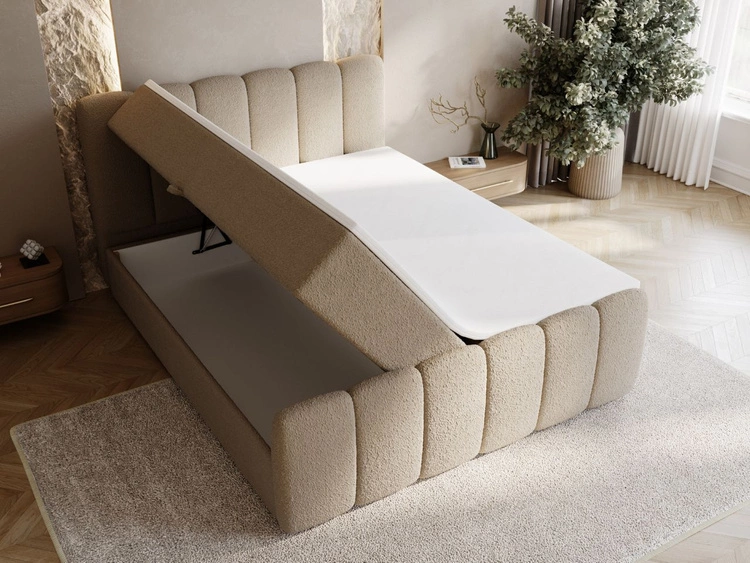 Łóżko kontynentalne z pojemnikiem na pościel 160x200 w tkaninie bouclé Cloud Brązowe