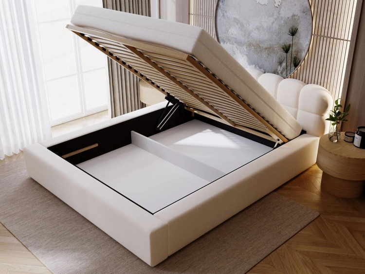 Łóżko tapicerowane z pojemnikiem i stelażem 160x200 Plaza Kremowe