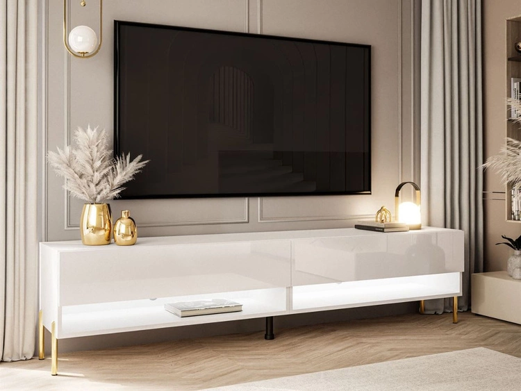 Szafka RTV do salonu 180 cm ze złotymi metalowymi nóżkami i oświetleniem LED Aurelie Biały połysk