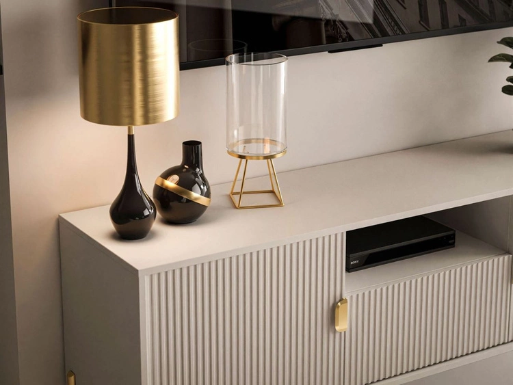 Szafka RTV dwudrzwiowa na złotych nogach z szufladą Orlean kaszmir mat