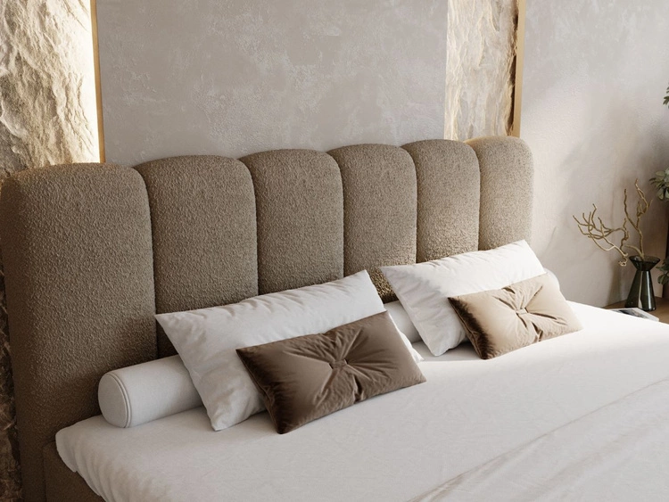 Łóżko kontynentalne z pojemnikiem na pościel 140x200 w tkaninie bouclé Cloud Brązowe