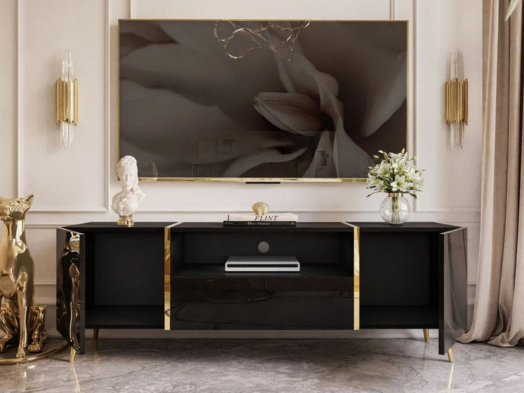 Zestaw mebli do salonu w stylu glamour na nóżkach Lunelie Czarny połysk