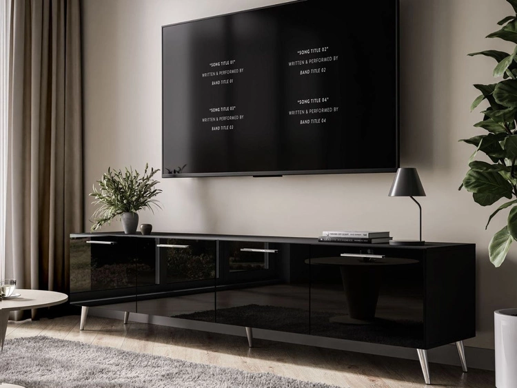 Szafka RTV pod telewizor z drzwiczkami na srebrnych nóżkach 200 cm Noaé Czarny Połysk
