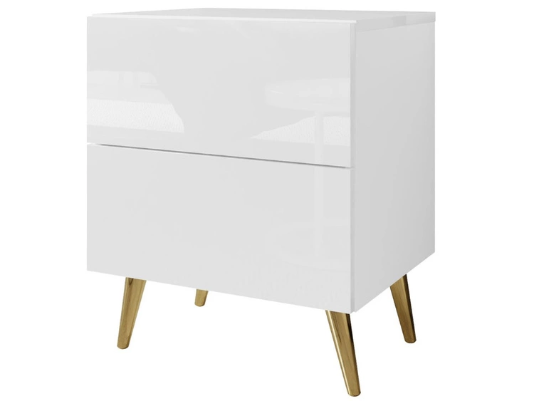 Stolik nocny z szufladami na złotych nogach Noaé Lux Biały połysk