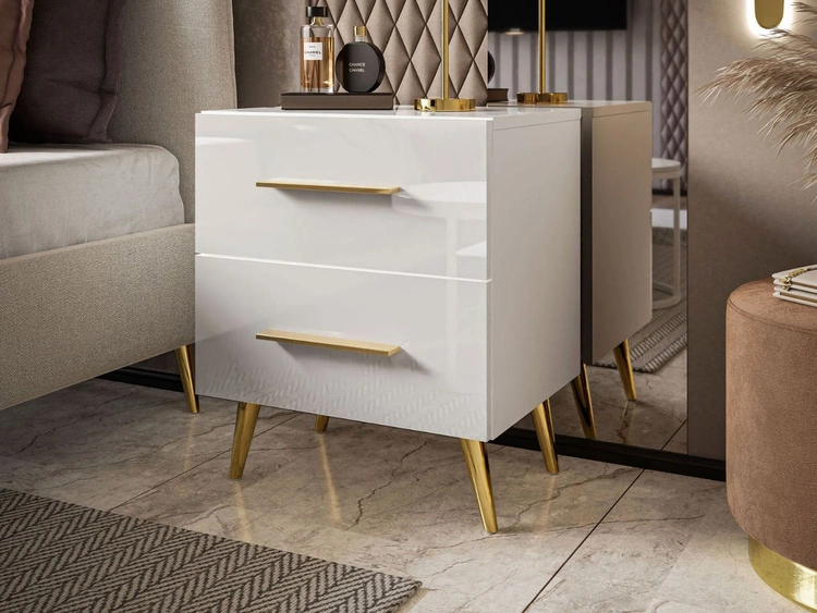 Stolik nocny z szufladami na złotych nogach Noaé Lux Biały połysk
