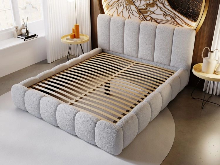 Łóżko tapicerowane bez pojemnika ze stelażem 140x200 Cloud w tkaninie bouclé Jasnoszare