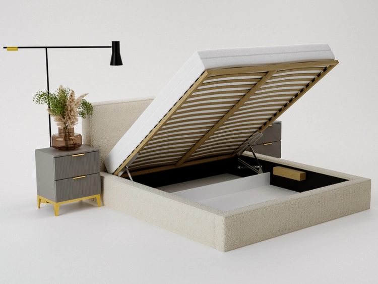 Łóżko tapicerowane z pojemnikiem i stelażem 140x200 Monaco Kremowe