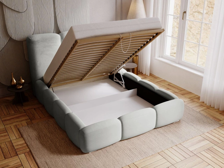 Łóżko tapicerowane z pojemnikiem i stelażem 140x200 cm Bubble Jasnoszare