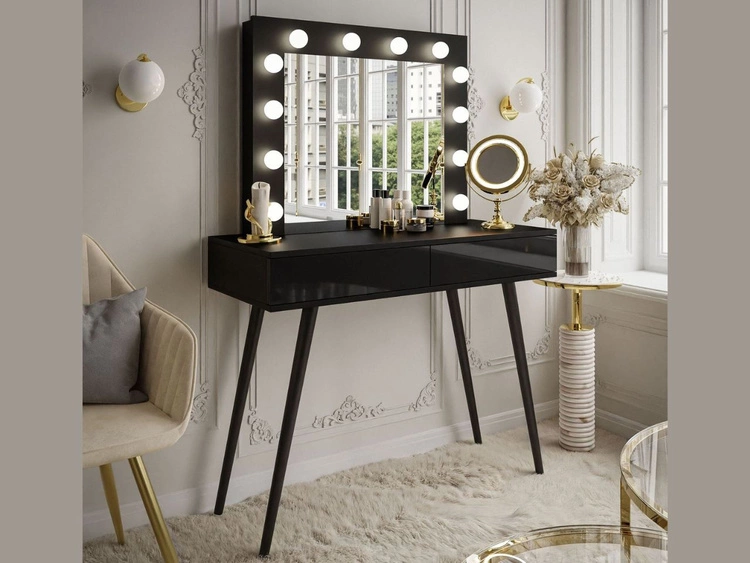 Toaletka glamour z szufladami, lustrem i oświetleniem LED Olivine czarny połysk