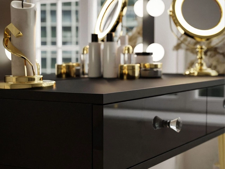 Toaletka glamour z szufladami, kryształowymi uchwytami i oświetleniem LED Olivine czarny połysk