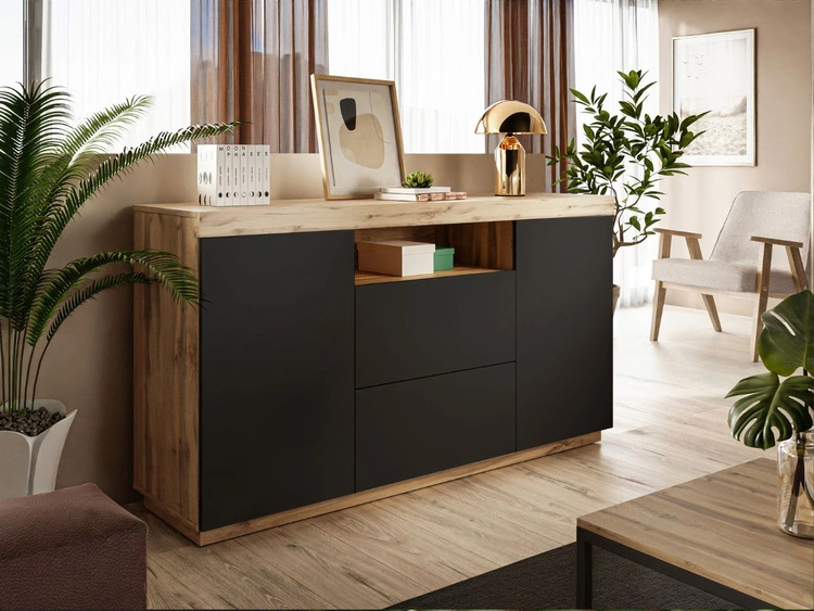 Zestaw mebli do salonu w loftowym stylu Asumi Czarny i dąb wotan