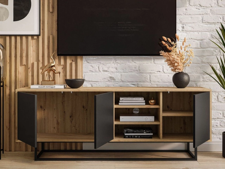 Szafka RTV pod telewizor z drzwiczkami i czarnym stelażem Vivance Czarny i dąb artisan