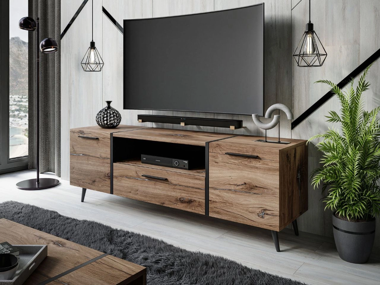 Szafka RTV w stylu loft dwudrzwiowa z szufladą Lunelie dąb Flagstaff