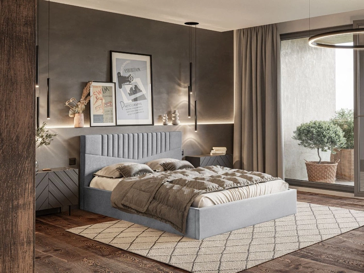 Łóżko tapicerowane z pojemnikiem i stelażem 140x200 Lido jasny szary