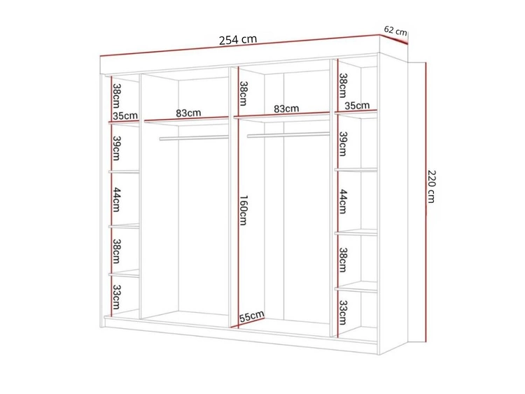 Szafa dwudrzwiowa z drzwiami przesuwnymi, nadstawką i lustrami 254 cm Nuveo Biały połysk