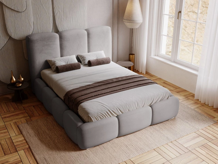 Łóżko tapicerowane z pojemnikiem i stelażem 140x200 cm Bubble Szare