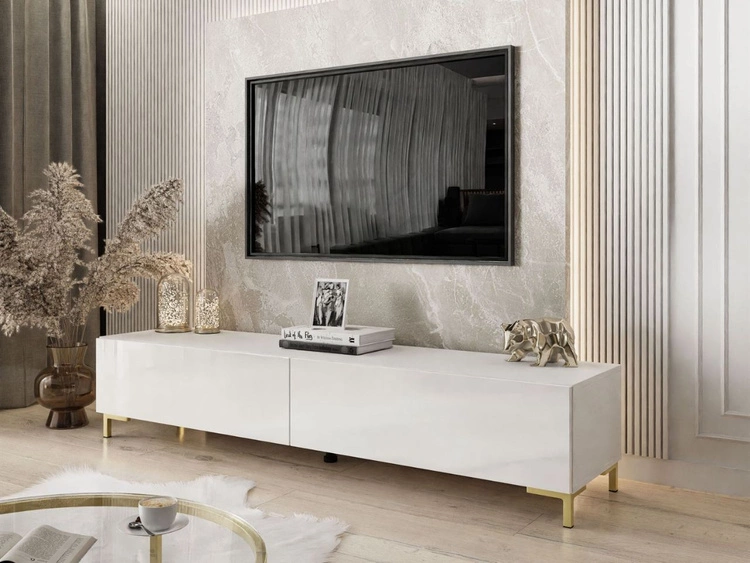 Szafka RTV dwudrzwiowa na złotych nóżkach 175 cm z oświetleniem LED Sorelle Biały połysk