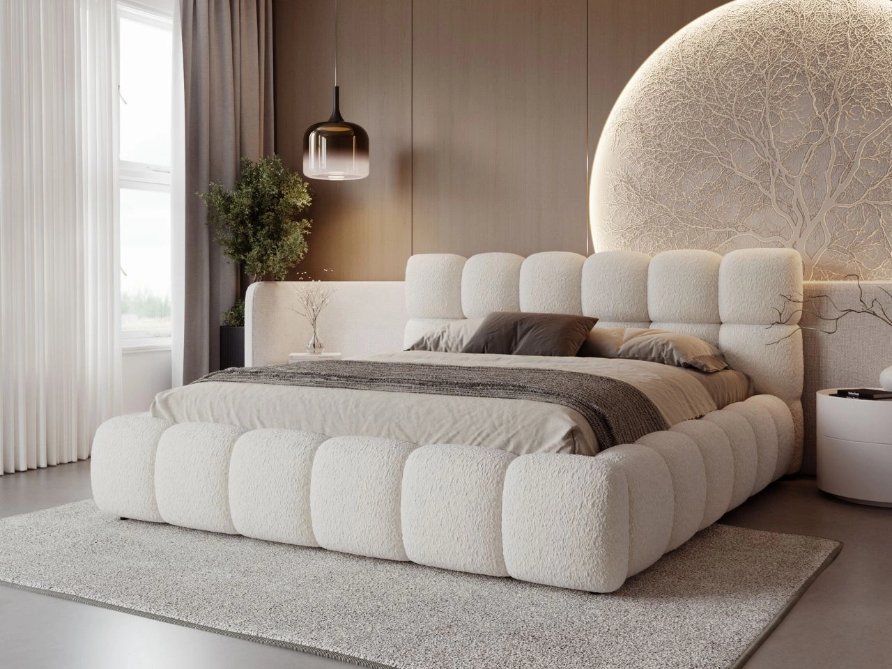 Łóżko tapicerowane z pojemnikiem na pościel i stelażem 160x200 Modo w tkaninie bouclé Beżowe