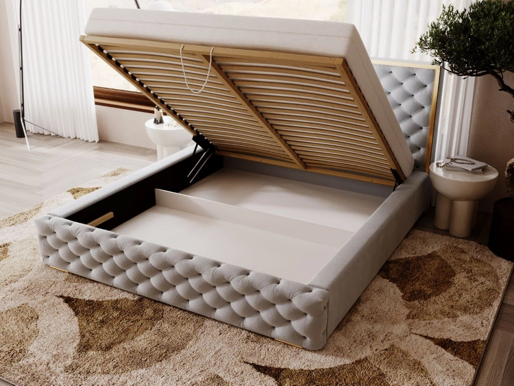 Łóżko tapicerowane z pojemnikiem i stelażem 200x200 Wave Szary