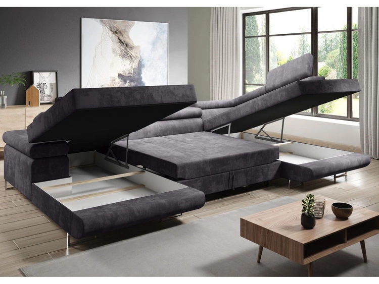 Narożnik U prawy z funkcją spania i pojemnikiem Solam U Grafit, Biały